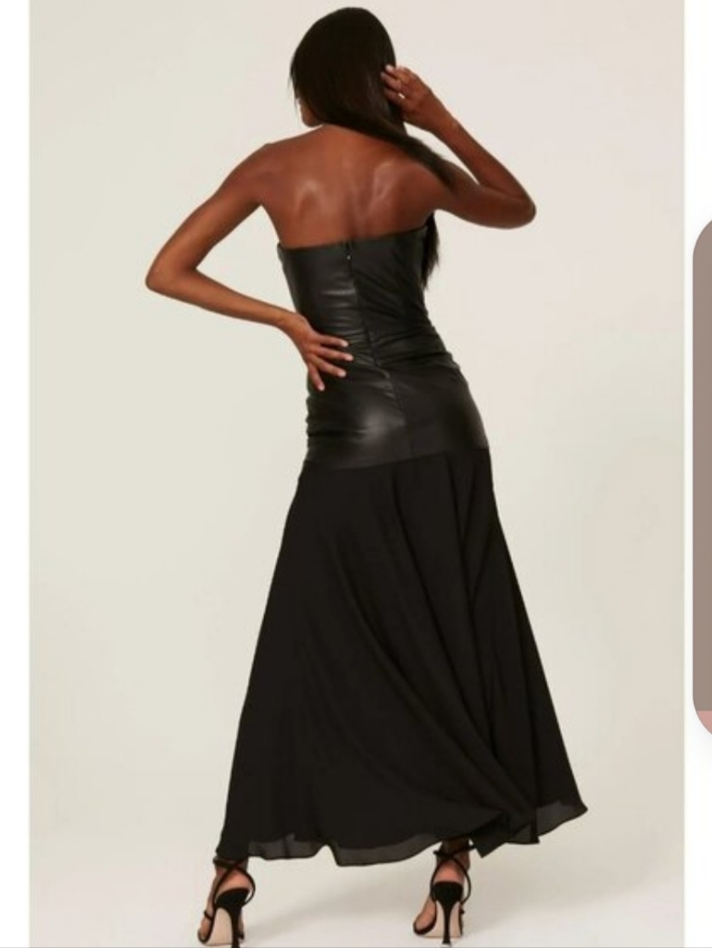 Shoshana Strapless Black Faux-Leather Bodice Asymmetric Midi Dress Sz 10 - Picture 3 of 12